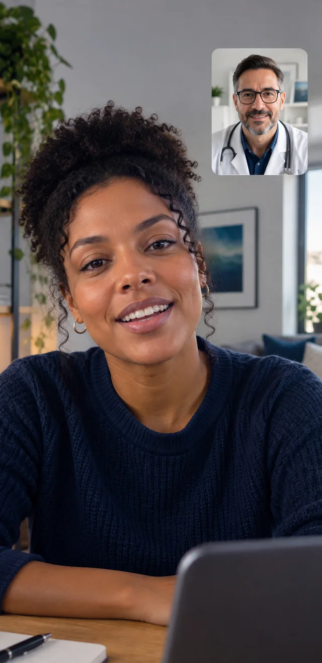 Mulher em casa, à mesa com o notebook, sorrindo durante uma consulta por vídeo com um médico.